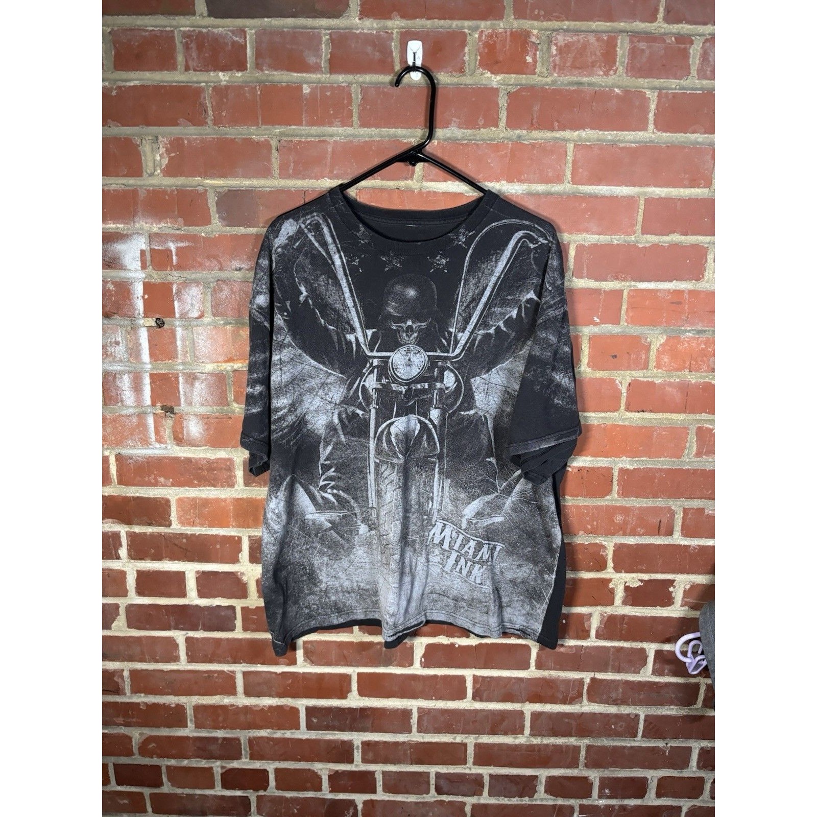 Vintage Y2k Miami Ink All Over Print Aop Biker Skull Graphic Shirt Adult Size Xl